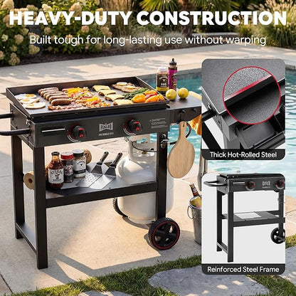 FEASTO 28" 2-Burner Propane Gas Griddle, 30,000 BTU, 458 Sq. In., Black | Outdoor Heavy-Duty Flat Top Grill with Front Grease Cup, Side Table & Wheels for Camping, Tailgating & Backyard