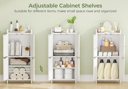 BEWISHOME Small Floor Cabinet, Toilet Paper Storage, Bathroom Storage Cabinet with 4 Doors and Shelves, Bathroom Organizers and Storage for Small Spaces, White 7.9" D x 14.6" W x 31" H YYG11W