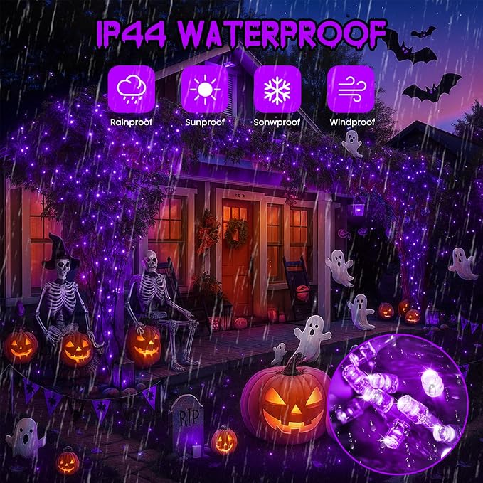 Upgraded Connectable 200 LED Halloween String Lights Outdoor Indoor, 66FT Purple Halloween Decorations Lights 13 Modes, Waterproof Twinkle Fairy Lights Plug in Clear Wire for Tree, Bedroom Decoration
