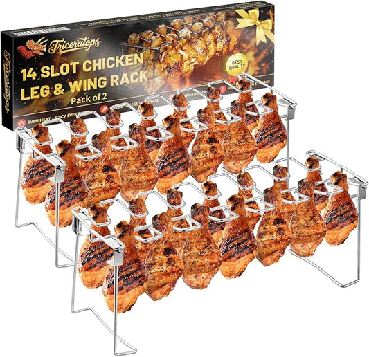 Triceratops 2 Packs Grill Rack, Chicken Leg and Wing Rack, 14 Slots BBQ Chicken Drumsticks Holder Stainless Steel Roaster Stand for Smoker Grill, Oven, Charcoal Grill
