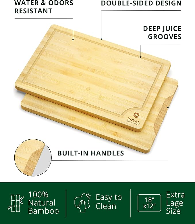 ROYAL CRAFT WOOD Bamboo Cutting Board | with Juice Groove - Kitchen Chopping Board for Meat Cheese and Vegetables, Heavy Duty Serving Tray