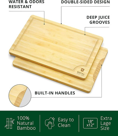 ROYAL CRAFT WOOD Bamboo Cutting Board | with Juice Groove - Kitchen Chopping Board for Meat Cheese and Vegetables, Heavy Duty Serving Tray
