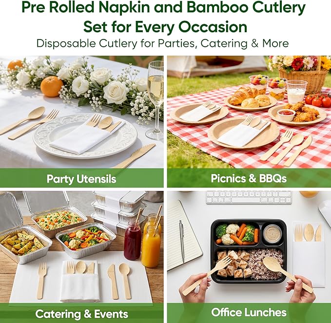 Napkin and Bamboo Cutlery Set, Compostable Utensils Disposable Cutlery for Party, Wedding, BBQ, Camping, Events-100 Pack (Forks, Knives, Spoons, Folded Napkins)