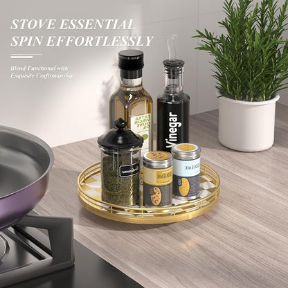 AMH 10-Inch Gold Checkerboard Lazy Susan Vanity Tray with Metal Rail | Smooth rotating oak tray with walnut finish for dining tables, kitchen counters, pantries and cabinet storage.