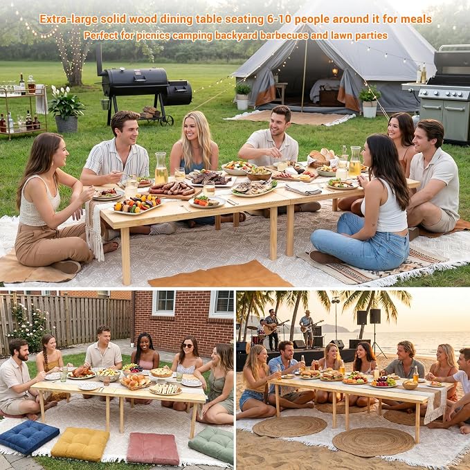 80"x30" Portable Boho Wooden Low Folding Picnic Table for Indoor Outdoor | Comes with Table Runner, Stable 8-leg Support & Thickened Structure, Thick Painted Tabletop Easy to Wipe, Fits 8-12 People