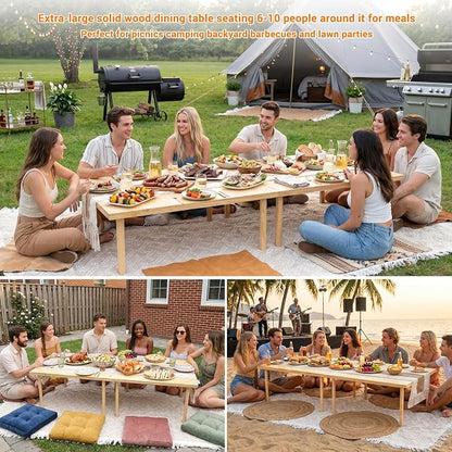 80"x30" Portable Boho Wooden Low Folding Picnic Table for Indoor Outdoor | Comes with Table Runner, Stable 8-leg Support & Thickened Structure, Thick Painted Tabletop Easy to Wipe, Fits 8-12 People