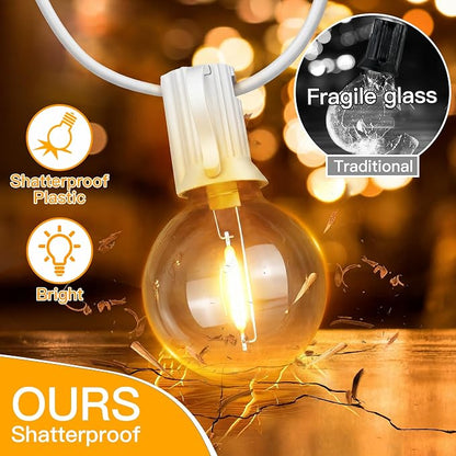 Ollny 100FT Outdoor String Lights, Waterproof Connectable Shatterproof Outside Light with 50 Edison + 3 Spare LED Bulbs Plug in, Patio Lights for Indoor Balcony Porch Camping Deck White