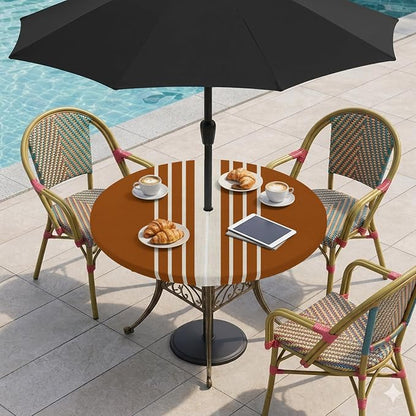Outdoor Fitted Tablecloth with Umbrella Hole and Zipper, Burnt Orange Beige Striped Elastic Round Patio Table Cover, Farmhouse Retro Lines Modern Table Protector for Backyard BBQ Party 45''-54''