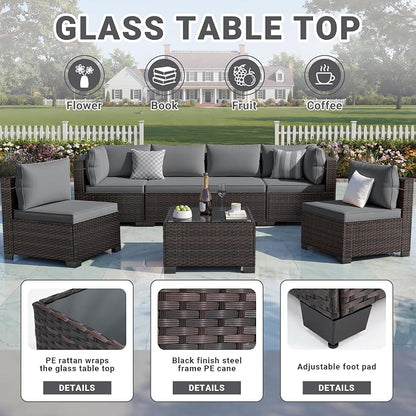 LAFWELL LEVELEVE 7 Pieces Outdoor Patio Furniture Sets,Rattan Conversation Sectional Set,Manual Weaving Wicker Patio Sofa with Tea Table
