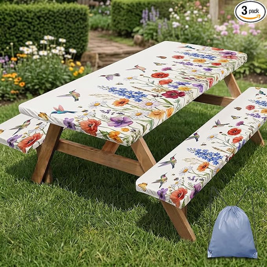 Picnic Table Cover with Bench Covers Elastic Edges, Floral Camper Fitted Table Cover, Outdoor Camping Essentials 72 Inch 3PCS, Waterproof Camping Fitted Tablecloth with Drawstring Bag