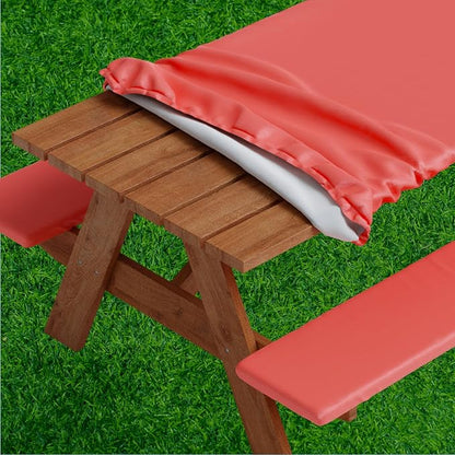 Picnic Table Cover with Bench Covers -Fitted with Elastic, Vinyl with Flannel Back, Fits for Table 30"x 60" Rectangle,Water Proof, Solid RED Design