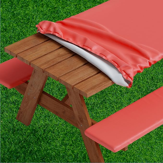 Picnic Table Cover with Bench Covers -Fitted with Elastic, Vinyl with Flannel Back, Fits for Table 30"x 72" Rectangle,Water Proof, Solid RED Design