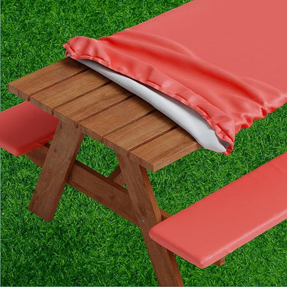 Picnic Table Cover with Bench Covers -Fitted with Elastic, Vinyl with Flannel Back, Fits for Table 30"x 72" Rectangle,Water Proof, Solid RED Design