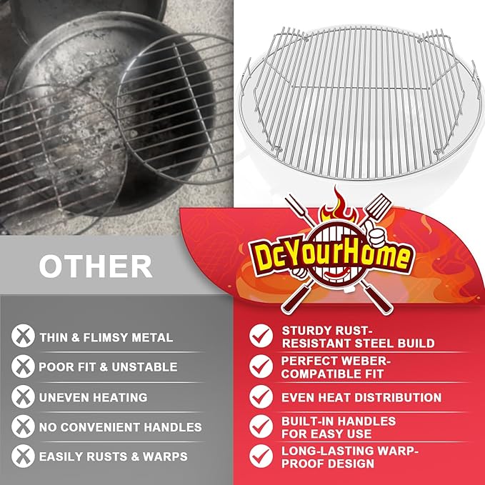 7436 Cooking Grate Hinged for Weber 22" Original Kettle Charcoal Grills, Round Replacement Grate for Weber Performer, Jumbo Joe Premium, Master-Touch,Bar-B-Kettle & Other 22 Inch Charcoal Grills
