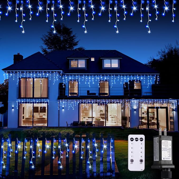 JMEXSUSS 400 LED 38.8 Ft Blue & White Icicle Christmas Lights for Outside | Connectable Icicle String Lights Plug in with Remote, 8 Modes Christmas Lights Indoor Outdoor for Party Christmas Eave Decor