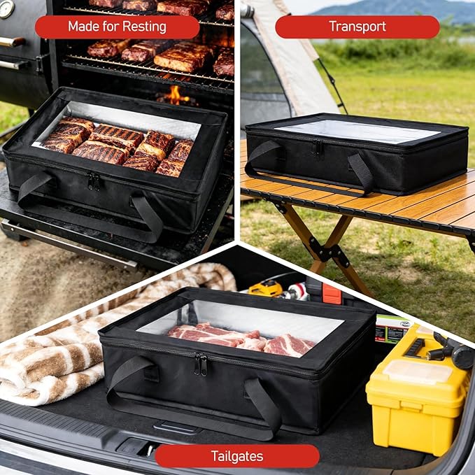 BANGIE BBQ Blankt for Resting Meat & 9x13 Foil Pan Carrier - Leakproof Insulated Casserole Transport Bag with Visual Window, Rigid Hard Bottom-Birthday Father's Day Grilling Gifts for Men, Dad, Black