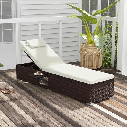 Tangkula Patio Chaise Lounge, Outdoor Rattan Lounge Chair w/ 6-Level Backrest, Comfy Seat Cushion & Headrest, Sturdy Metal Frame, Outside Reclining Chair for Backyard, Poolside (1, Off White)