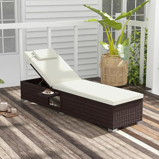Tangkula Patio Chaise Lounge, Outdoor Rattan Lounge Chair w/ 6-Level Backrest, Comfy Seat Cushion & Headrest, Sturdy Metal Frame, Outside Reclining Chair for Backyard, Poolside (1, Off White)