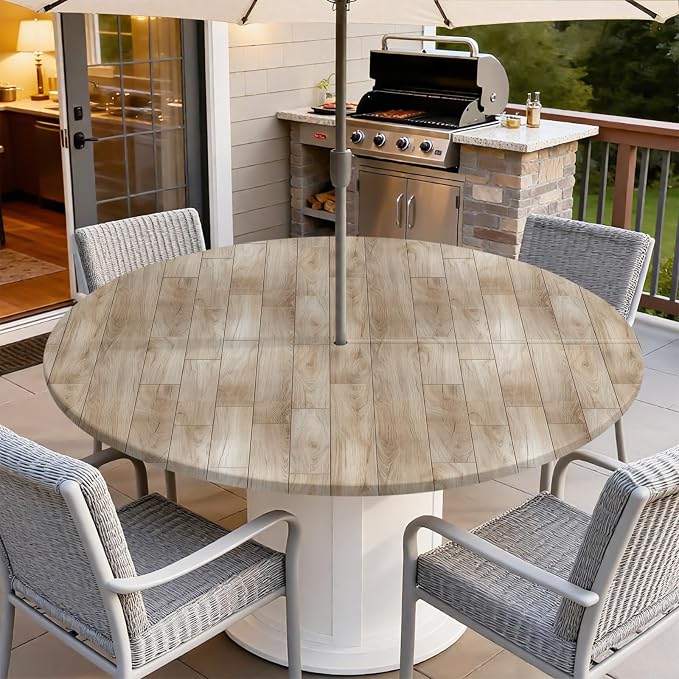 Outdoor Tablecloth with Umbrella Hole and Zipper Fits 37-44" Tables | Waterproof Round Fitted Tablecloth with Elastic Edge, Wipeable Outdoor Table Cover for Patio, Garden, Picnic