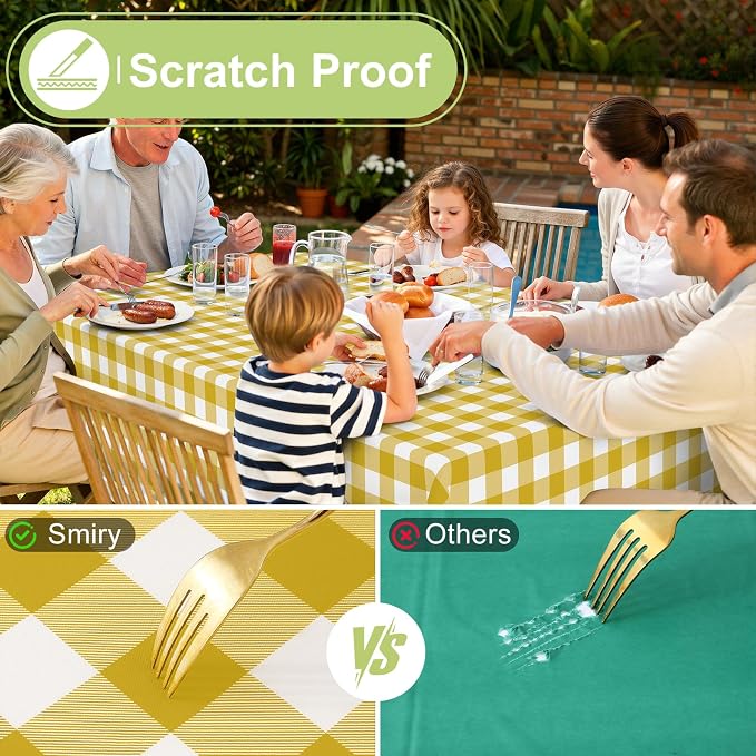 Smiry Picnic Table Cloth, Vinyl Tablecloths with Flannel Backing, 60"x120" | Waterproof Rectangle Table Cloth, Wipeable Buffalo Plaid Table Cover for Indoor and Outdoor (Gold & White)