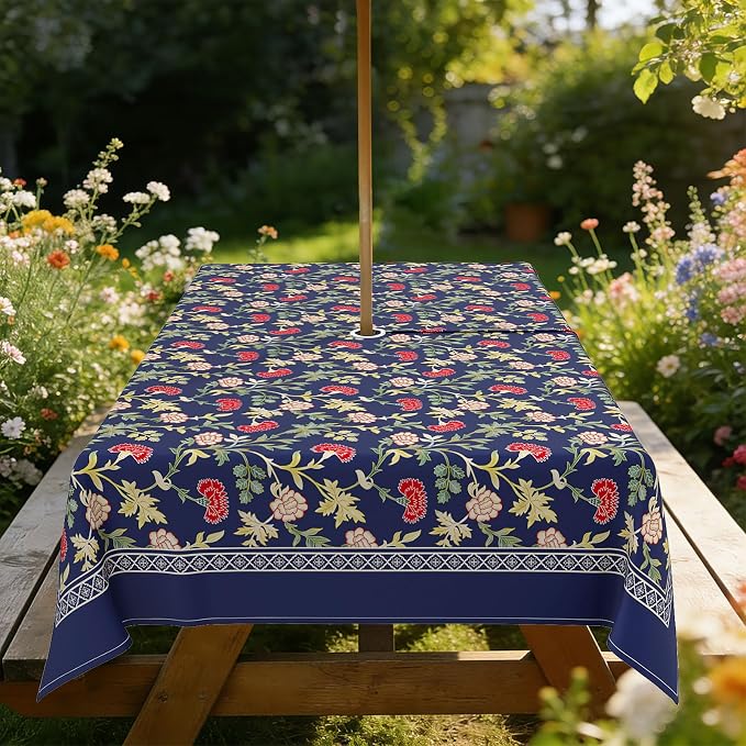 Outdoor Tablecloth with Umbrella Hole Elegant Zipper Patio Table Cloth for Outdoor Patio Garden Yard Decor