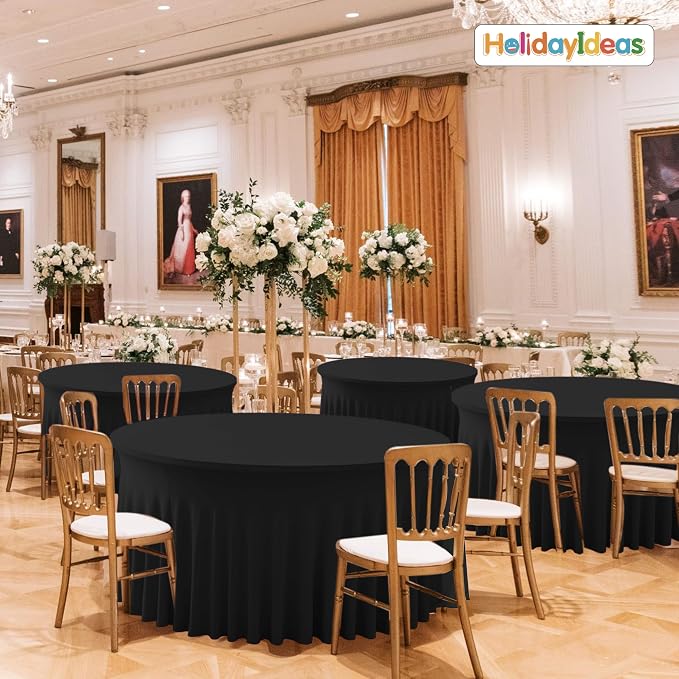 Fitted Black Spandex Table Skirts for Wedding Party,60 Inch Round,4 Pack | Spandex Table Covers, For 5 Ft Wedding Cake Tables, Wrinkle Resistant, Ruffle Design Banquets, Baby Showers, Parties