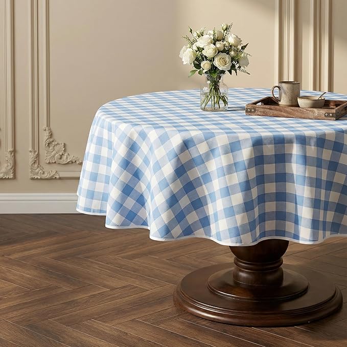 Waterproof Gingham Tablecloth, Checkered Fabric Table Cover for Kitchen Dining, Blue & White Plaid Table Cloth, Rectangle Table Cloth for Indoor Outdoor Use, 60" Round