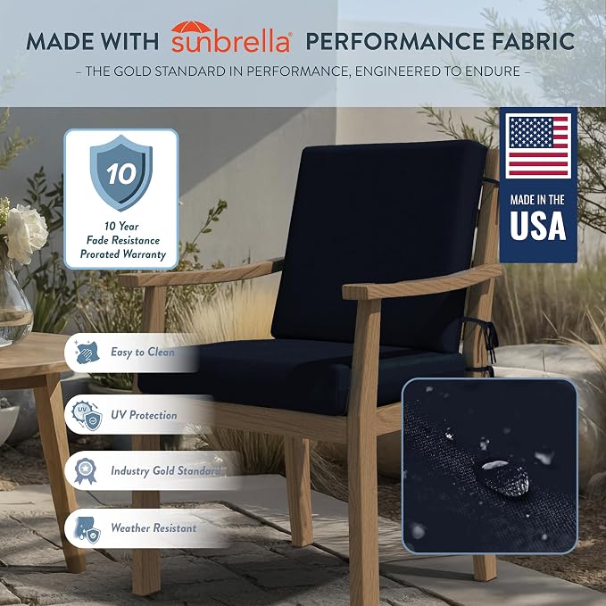 California Umbrella Outdoor Dining Chair, Patio Seat Cushion, 20 x 40 Inch, Premium Outdoor Memory Foam, Fade Resistant, Sunbrella Fabric, Fabric Ties, Navy
