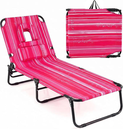 Goplus Tanning Chair, Folding Beach Lounge Chair with Face Hole, Removable Pillow, Carry Strap, Position Adjustable, Sunbathing Chair, Portable Outside Lounge Chair for Patio Pool