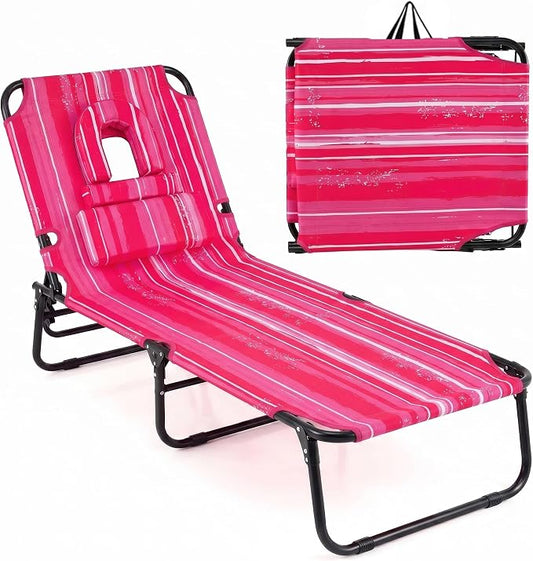 Goplus Tanning Chair, Folding Beach Lounge Chair with Face Hole, Removable Pillow, Carry Strap, Position Adjustable, Sunbathing Chair, Portable Outside Lounge Chair for Patio Pool