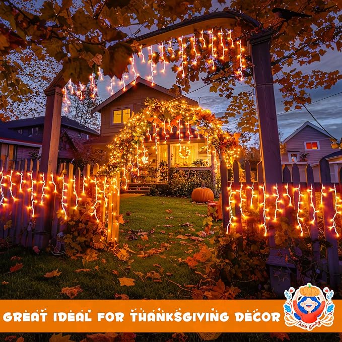JMEXSUSS Orange Halloween Icicle Lights Outdoor, 800 LED Plug in | Waterproof, 8 Modes, Remote Control String Lights for Fireplace Eave Garden Patio Thanksgiving Fall Halloween Decor