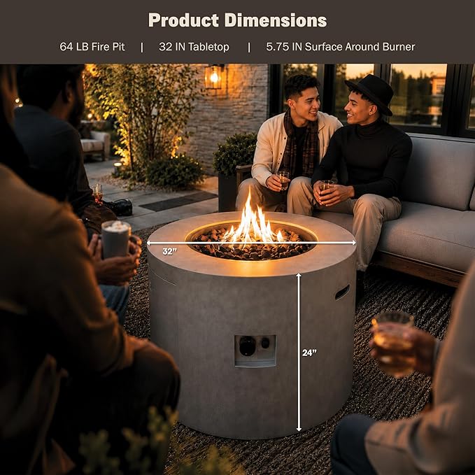 Kinger Home Loren 32-Inch Round Propane Fire Pit Table, Alloy Steel Outdoor Fire Pit with 50,000 BTUs, Includes a Burner lid, Lava Rocks and Weather Cover