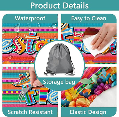 Mexican Fiesta Picnic Table Cover with Bench Covers, Cinco de Mayo Fiesta Waterproof Windproof, Camping Essentials, Fitted Tablecloth Cover with Elastic Edge, for Garden & Outdoor, 3 PCS, 30x96 Inch