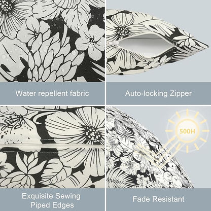 LVTXIII Outdoor Lumbar Pillow Covers Only Set of 2 Patio Decorative Pillow Cases, Water Repellent Lumbar Cushion Cases for Sofa, Patio Couch Garden Use, 12x20 Inch, Tropical Blossom Noir