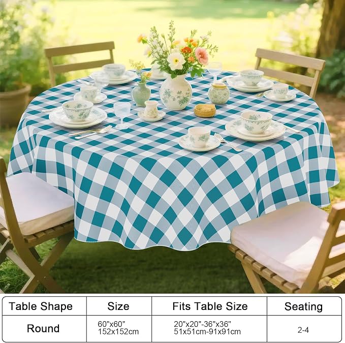 Smiry Picnic Table Cloth, Vinyl Tablecloths with Flannel Backing, 60" Round | Waterproof Picnic Table Cloth, Wipeable Buffalo Plaid Table Cover for Indoor and Outdoor (Turquoise & White)