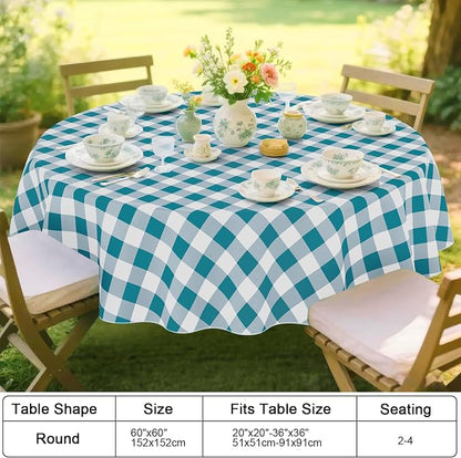 Smiry Picnic Table Cloth, Vinyl Tablecloths with Flannel Backing, 60" Round | Waterproof Picnic Table Cloth, Wipeable Buffalo Plaid Table Cover for Indoor and Outdoor (Turquoise & White)