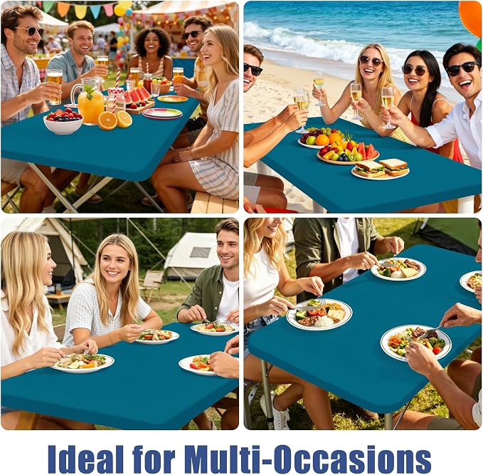 Moosfor 2 Pack Rectangle Spandex Fitted Table Cloth, 4FT Elastic Tablecloth | Washable Picnic Table Cover, Stretch Waterproof Table cloths for Party, Patio, Dining, Kitchen, 24" x 48", Peacock Blue