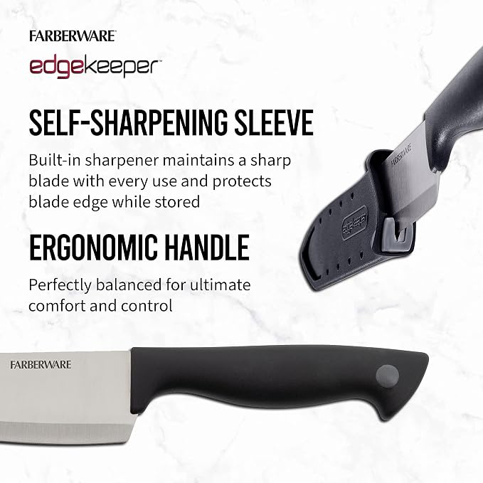 Farberware EdgeKeeper 6 Inch Chef Knife with Self-Sharpening Blade Cover, High-Carbon Stainless Steel Kitchen Knife for Slicing, Dicing, and Mincing