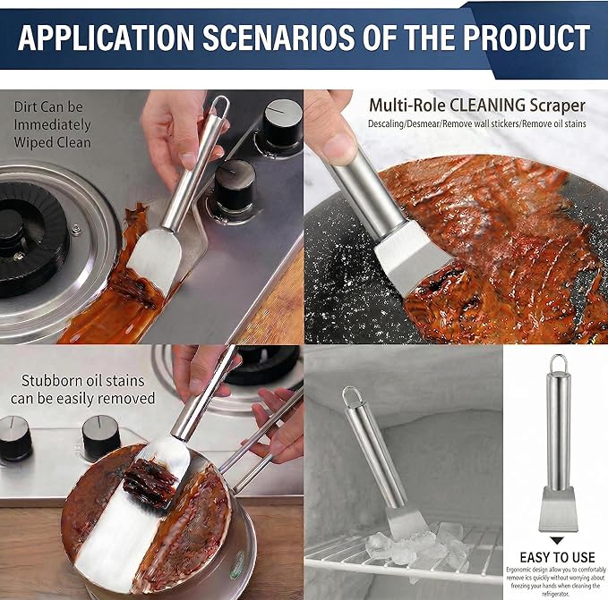 2 PCS Stainless Steel Scrapers, Cleaning Scraper Tool, Paint Scrapers, Multifunctional Metal Scraper Tools for Cookware, Stovetop, Adhesive, Oven Racks, Grout, Grill, Glass, Kitchen & Home