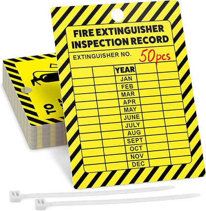 Fire Extinguisher Inspection Tags 2026-2029, Plastic 2.25 x 3 Inch Yellow for Indoor Outdoor Use, Durable Double-Sided Monthly Record and Pass Instructions, Include Zip Ties, 50 Pack