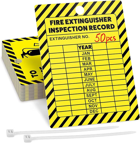 Fire Extinguisher Inspection Tags 2026-2029, Plastic 2.25 x 3 Inch Yellow for Indoor Outdoor Use, Durable Double-Sided Monthly Record and Pass Instructions, Include Zip Ties, 50 Pack