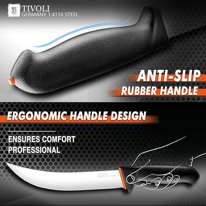 TIVOLI Butcher Knife Set 6pcs - Game Processing Knife Set with 7" Sharpener Rod - Non-Slip Softgrip & German Stainless Steel - Skinning Boning Trimming Poultry Knives for Meat Cutting - Gifts for Men