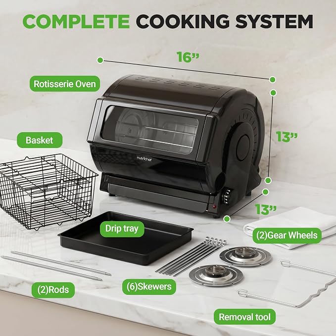 NutriChef Horizontal Rotating Shawarma Oven | Rotisserie, Shawarma & Kebab Machine | Includes Large 22.4 Quart Capacity, 3-Hour Timer & 6 Kebab Skewers | Ideal for Chicken,Turkey & Lamb | Black