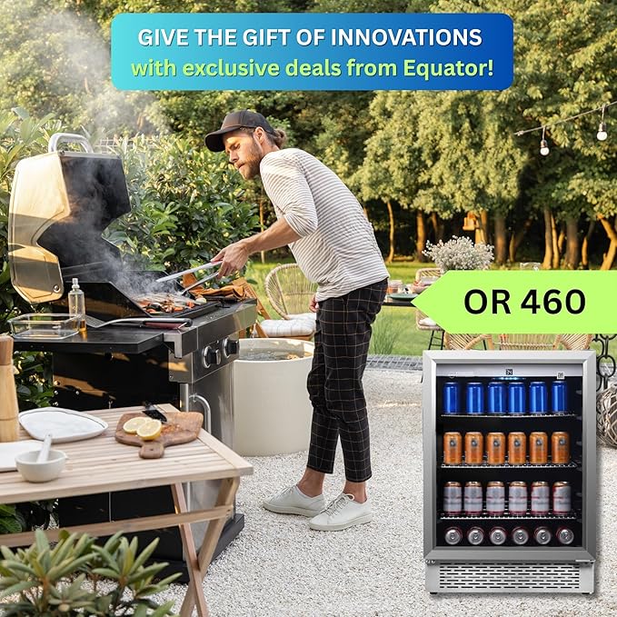 Equator 4.6 cu ft Outdoor/Indoor Refrigerator – Stainless Steel Beverage Cooler, 110 Can+6 Bottle Capacity, Built-In or Freestanding, IPX4 Waterproof, Frost-Free Cooling