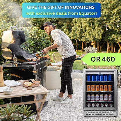 Equator 4.6 cu ft Outdoor/Indoor Refrigerator – Stainless Steel Beverage Cooler, 110 Can+6 Bottle Capacity, Built-In or Freestanding, IPX4 Waterproof, Frost-Free Cooling