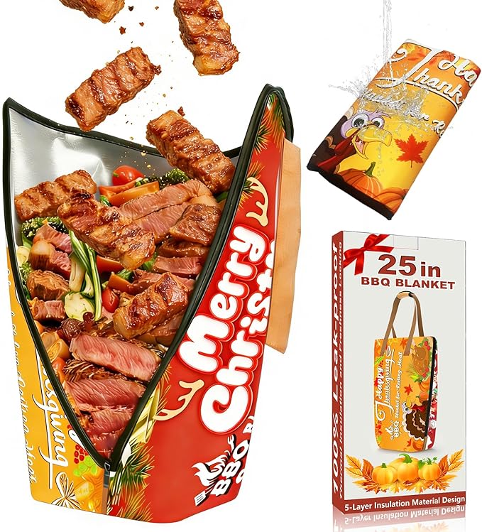 BBQ Blanket for Resting Meat, Reusable Smoker Grilling Insulated Resting Bag with Wide Mouth for Large Brisket/Beef/Turkey (Holiday 25in)