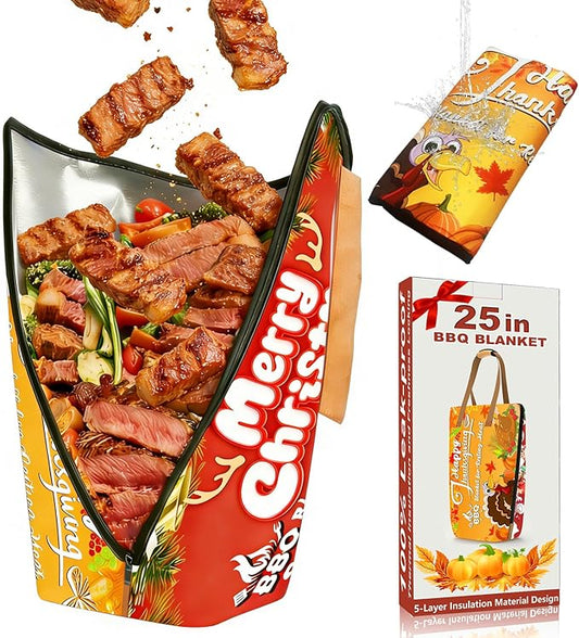 BBQ Blanket for Resting Meat, Reusable Smoker Grilling Insulated Resting Bag with Wide Mouth for Large Brisket/Beef/Turkey (Holiday 25in)