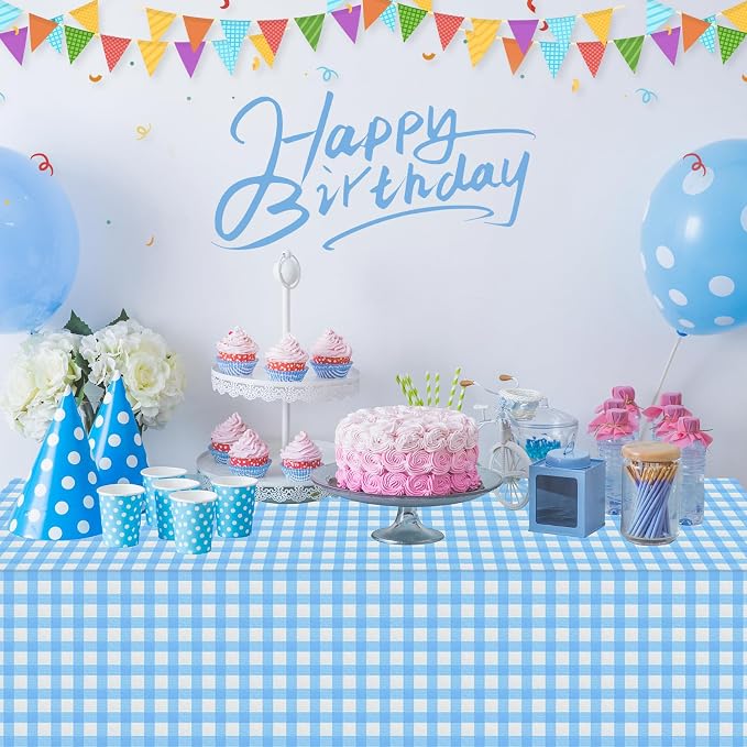 12Pcs Light Blue Gingham Tablecloths, Checkered Party Table Cover 54x108 In | Blue and White Checkered Tablecloths Disposable Waterproof for Baby & Bridal Shower Picnic Camping Birthday Outdoor Tea Party