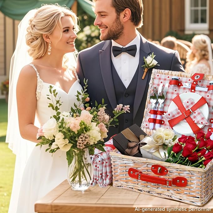 Wicker Picnic Basket Set for 4, Blanket, Cooler Bag, Red Heart | Four-Person Wicker Set Includes Tableware, Insulated Food Storage and Waterproof Blanket for Parks, Camping, Dates and Gifts