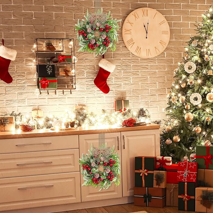 Dingion 18 Pcs Small Christmas Wreaths for Cabinet Kitchen Decor Mini Artificial Wreath 9 Inch Faux Garland with Burlap Ribbon for Vintage Retro Home Table Candle Porch Window Indoor Outdoor Decor